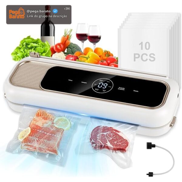 6 Em 1 Seladora Vacuo, Seladora A VáCuo Embalagens 90kpa, Seladora A VáCuo Para Alimentos PortáTil, 8 Vezes Mais Tempo, Tela Grande De Alta Definição, Com 10 Sacos Para VáCuo (Branco, 220, Volts)