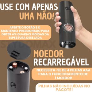 Kit 2 Moedor Elétrico de Sal e Pimenta Tempero (Pacote com 2) Conjunto Moedor de Sal Grosso e Pimenta Do Reino Automático Com Recipiente de 70 ml Luz Led Para Churrasco na Cozinha (Preto) (2) - Imagem 5