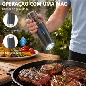 Kit 2 Moedor de Pimenta e Sal Elétrico Automático, Sensor por Inclinação, Operação com Uma Mão, Luz LED, Carregamento por Tipo-C, Ajuste de Moagem, 135ml, Preto, para Cozinha e Churrasco - Imagem 8