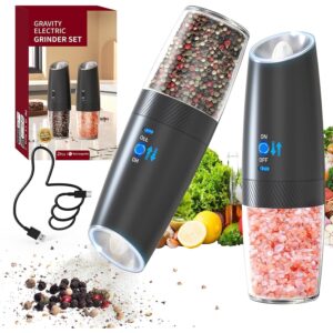 Kit 2 Moedor de Pimenta e Sal Elétrico Automático, Sensor por Inclinação, Operação com Uma Mão, Luz LED, Carregamento por Tipo-C, Ajuste de Moagem, 135ml, Preto, para Cozinha e Churrasco - Imagem 1
