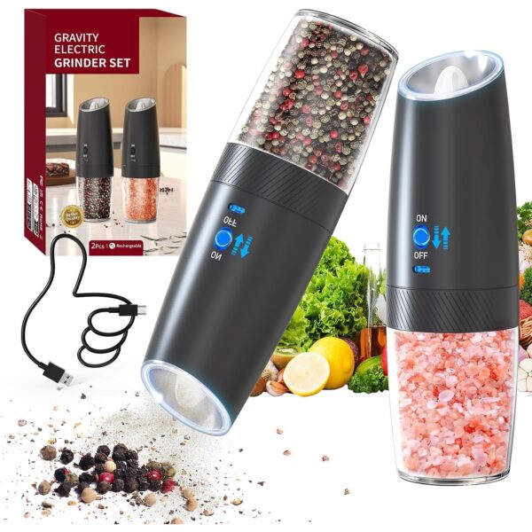 Kit 2 Moedor de Pimenta e Sal Elétrico Automático, Sensor por Inclinação, Operação com Uma Mão, Luz LED, Carregamento por Tipo-C, Ajuste de Moagem, 135ml, Preto, para Cozinha e Churrasco