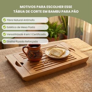 Tábua de Corte Bambu com Migalheira e Bandeja 4 em 1 | Bambu natural prensado, sulco coletor de migalhas, alças laterais, uso como fruteira ou suporte de panela, 36,8x22 cm - Imagem 6