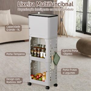 Lixeira de Cozinha Alta com Rodízios e Prateleiras - Cesto 9L com Tampa Deslizante - Organizador Estreito em PP - Design Ergonômico para Cantos e Frestas - Inclui Ganchos e Sacos de Lixo (Cinza) - Imagem 3