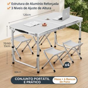 BEMMY Mesa Dobravel Portatil de Liga de Alumínio 120CM com 4 Banquinhos Pequenos, Escrivaninha Dobravel Maleta para Camping Pesca Jardim Área Externa Ou Interna - Imagem 2