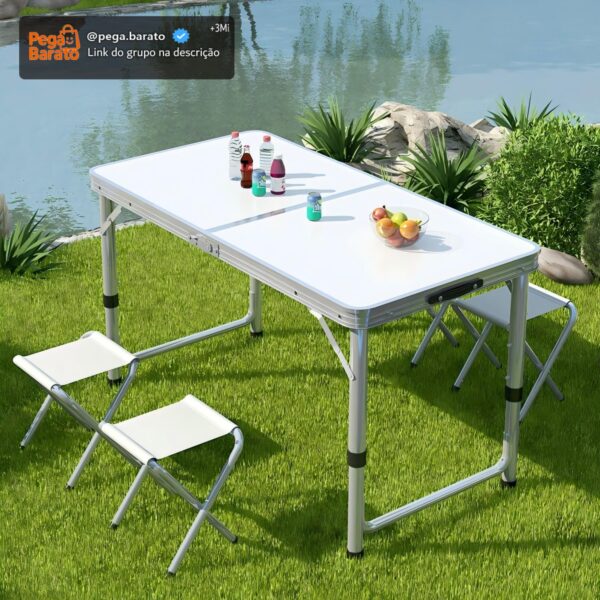 BEMMY Mesa Dobravel Portatil de Liga de Alumínio 120CM com 4 Banquinhos Pequenos, Escrivaninha Dobravel Maleta para Camping Pesca Jardim Área Externa Ou Interna