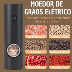 Kit 2 Moedor Elétrico de Sal e Pimenta Tempero (Pacote com 2) Conjunto Moedor de Sal Grosso e Pimenta Do Reino Automático Com Recipiente de 70 ml Luz Led Para Churrasco na Cozinha (Preto) (2) - Imagem 3