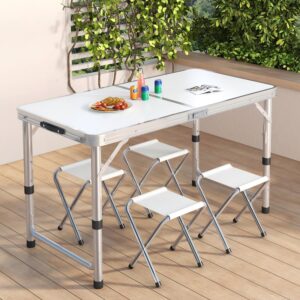BEMMY Mesa Dobravel Portatil de Liga de Alumínio 120CM com 4 Banquinhos Pequenos, Escrivaninha Dobravel Maleta para Camping Pesca Jardim Área Externa Ou Interna - Imagem 8