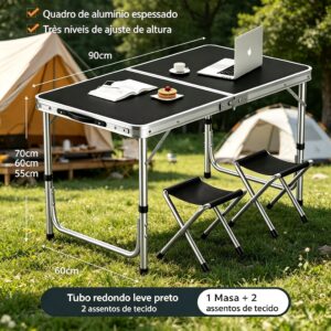 BEMMY Mesa Dobravel Portatil de Liga de Alumínio 90CM com 2 Banquinhos Pequenos, Escrivaninha Dobravel Maleta para Camping Pesca Jardim Área Externa Ou Interna - Imagem 7