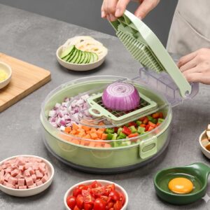 Cortador e Fatiador de Legumes Multifuncional 9 em 1, Ralador Mandoline com Cesto Escorredor e Recipiente, Lâminas de Aço Inox Intercambiáveis e Protetor de Mãos, Cores Variadas - Imagem 2