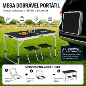 BEMMY Mesa Dobravel Portatil de Liga de Alumínio 90CM com 2 Banquinhos Pequenos, Escrivaninha Dobravel Maleta para Camping Pesca Jardim Área Externa Ou Interna - Imagem 4