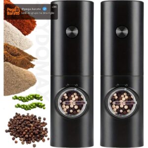 Kit 2 Moedor Elétrico de Sal e Pimenta Tempero (Pacote com 2) Conjunto Moedor de Sal Grosso e Pimenta Do Reino Automático Com Recipiente de 70 ml Luz Led Para Churrasco na Cozinha (Preto) (2) - Imagem 1