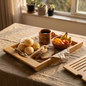 Tábua de Corte Bambu com Migalheira e Bandeja 4 em 1 | Bambu natural prensado, sulco coletor de migalhas, alças laterais, uso como fruteira ou suporte de panela, 36,8x22 cm - Imagem 7