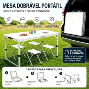 BEMMY Mesa Dobravel Portatil de Liga de Alumínio 120CM com 4 Banquinhos Pequenos, Escrivaninha Dobravel Maleta para Camping Pesca Jardim Área Externa Ou Interna - Imagem 4