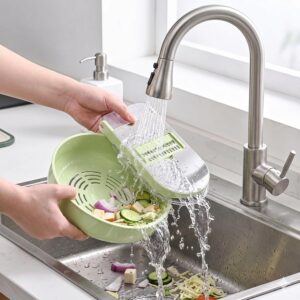 Cortador e Fatiador de Legumes Multifuncional 9 em 1, Ralador Mandoline com Cesto Escorredor e Recipiente, Lâminas de Aço Inox Intercambiáveis e Protetor de Mãos, Cores Variadas - Imagem 5