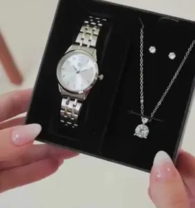 Kit Relógio Colar E Brincos Ponto De Luz Feminino Luxo Silver Saint Germain Presente Original Joias Prata Elegante Clássico 28mm - Imagem 11