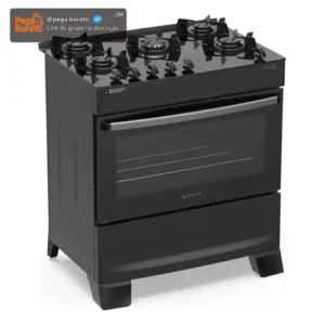 Fogão 5 Bocas Atlas Atenas Glass A Gás com Mesa de Vidro e Mega Chama Preto Bivolt - Imagem 1