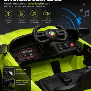 Carro Elétrico Infantil TURBO RSX 12V Controle Remoto Luzes Música Verde - Imagem 5