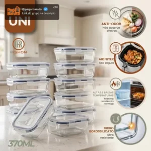 Kit 10 Pote De Vidro Marmita Hermético 370ml Freezer Fitness Rishon - Imagem 1