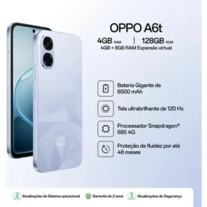 Smartphone Oppo A6t 5G 128gb, 12gb Ram (4gb + 8gb Virtual Ram), Bateria gigante de 6500 mAh, AI Câmera 50MP, Tela 120Hz, NFC, IP64 - Azul Cristal - Imagem 3
