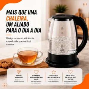 Chaleira Elétrica de Vidro 1,8 Litros Aquecimento Rápido Desligamento Automático Jarra Transparente Resistente Tampa de Fácil Abertura Ideal para Café Chá Leite e Bebidas Quentes Hold On - Imagem 10