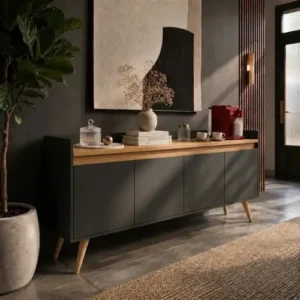 Buffet Aparador Sala De Jantar Móveis Primus Gold 4 Portas Preto Mel 160cm MDP Com Pés Madeira Maciça E Prateleira - Imagem 3