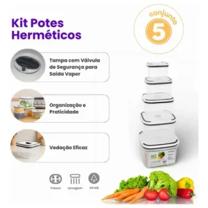 Kit 5 Potes Herméticos Plástico Freezer Microondas Marmita - Imagem 3
