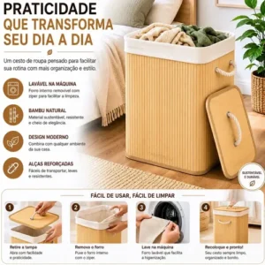 Cesto Organizador De Roupa Bambu Dobrável Retangular Com Tampa Forro e Alças 72 Litros Grande Capacidade Reforçado Caixa Organizadora para Brinquedos - Marca Camperluz - Imagem 5