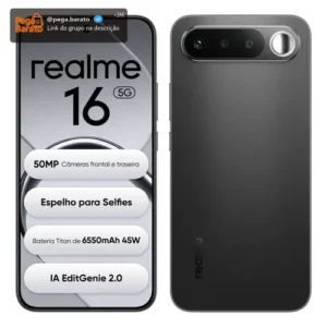 Smartphone Celular Realme 16 5g 256gb 12gb Ram Dual Sim Câmera De 50mp Lumacolor Image Espelho para Selfies Bateria 6550mah Impermeável Ip69 Pro 4200nit Amoled Preto - Imagem 1