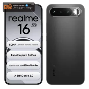 Smartphone Celular Realme 16 5g 256gb 12gb Ram Dual Sim Câmera De 50mp Lumacolor Image Espelho para Selfies Bateria 6550mah Impermeável Ip69 Pro 4200nit Amoled Preto - Imagem 1
