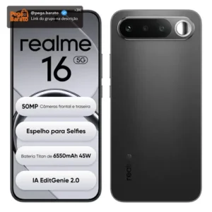 Smartphone Celular Realme 16 5g 256gb 12gb Ram Dual Sim Câmera De 50mp Lumacolor Image Espelho para Selfies Bateria 6550mah Impermeável Ip69 Pro 4200nit Amoled Preto - Imagem 1
