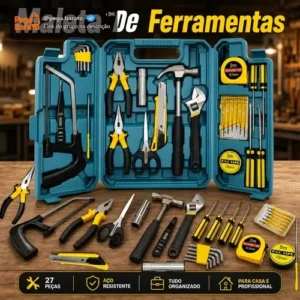 Kit Maleta Jogo Ferramentas 27 Peças Residencial Completa Conserto Oficina Manutenção Chave Inglesa, Estilete, Chaves Allen, Fenda E Phillips, Lanterna, Martelo, Serra, Tesoura, Trena, Fita Isolante - Imagem 1