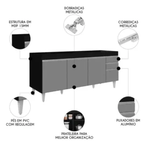 Balcão Gabinete Para Pia 180cm Sem Tampo Dallas Preto/cinza - Imagem 4