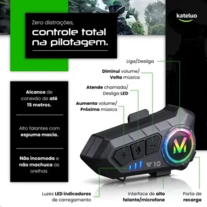 Fone De Ouvido Para Capacete Moto Bluetooth Headset Rgb Sem Fio Kateluo - Imagem 3