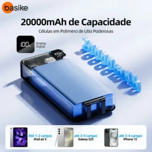 Power Bank Basike 20000mAh Preto, Carga Rápida 22.5W para iPhone e Samsung, Com Cabos Embutidos e Display - Imagem 5