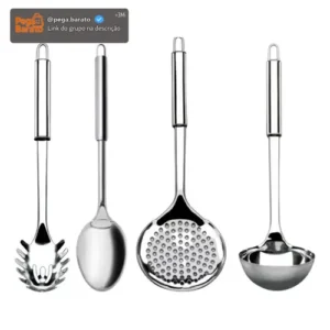 Kit 4 Utensílios Inox Cozinha Colher Concha Escumadeira - Imagem 1