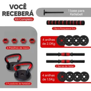 Kit Halteres Barra E Anilhas Musculação Kettlebell Ajustáveis Peso Academia 15kg - Imagem 8