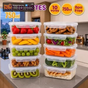 Kit 10 Potes 750ml com Tampa Trava Plástico Transparente para Mantimentos e Alimentos Marmita Organizador de Cozinha Geladeira e Freezer Jogo de Potes para Organização Ponte Lar Utilidades - Imagem 1