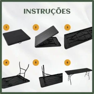 Mesa Dobrável Vira Maleta Com Alça Portátil 1.80m Para Camping Pesca Jardim Área Externa Ou Interna Salão De Festas Gourmet Cor Preto Luvinco - Imagem 6