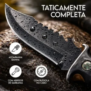 Faca Tática Pescador Aço Inox 31cm Lâmina 18cm Com Bainha Bússola Quebra Vidro Abridor Garrafa Camping Sobrevivência Corta Limpa Peixe Churrasco Cabo Anatômico Emborrachado - Imagem 3