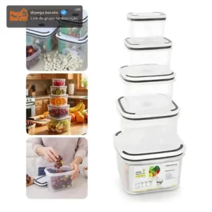 Kit 5 Potes Herméticos Plástico Freezer Microondas Marmita - Imagem 1