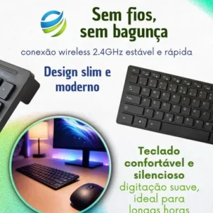 Kit Teclado E Mouse Wireless Sem Fio Preto 2.4GHz Slim Com Membrana De Silicone Silenciosa para Trabalho Estudos Home Office e Jogos - Imagem 3