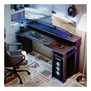 Escrivaninha Mesa Gamer Para Computador PC Dois Andares Com Espaço Com Monitores E CPU Escritório, Quarto Espaçoso Cor Azul - Imagem 2