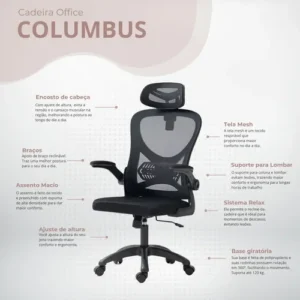 Cadeira de Escritório Giratória HomeNow Columbus Presidente Preta com Tela Mesh - Imagem 4