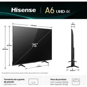 Hisense Smart TV 4K 75" Polegadas 75A6NV com Dolby Vision, HDR10, HLG, Dolby Gaming, Film Maker, DTS Virtual X, Compatibilidade Alexa e Google Home - Imagem 3