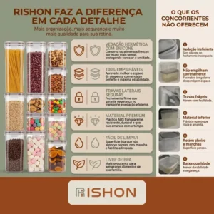 Kit 15 Potes Hermético Cadencia Mantimentos Quadrado Cozinha Branco Rishon 22,4 Litros - Imagem 3