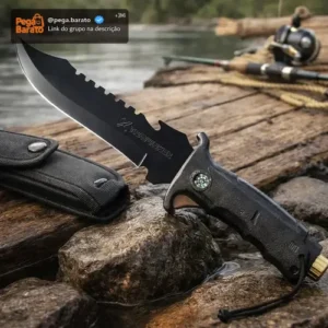 Faca Tática Pescador Aço Inox 31cm Lâmina 18cm Com Bainha Bússola Quebra Vidro Abridor Garrafa Camping Sobrevivência Corta Limpa Peixe Churrasco Cabo Anatômico Emborrachado - Imagem 1