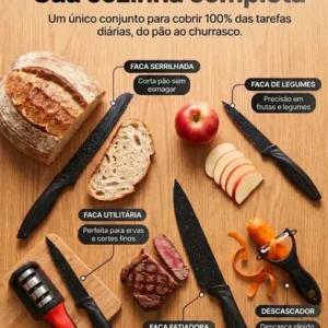 Kit Jogo De Facas 7 Peças Cozinha Aço Inox Corte Afiado Amolador Churrasco Sólar - Imagem 4
