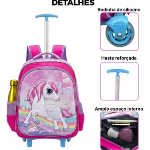 Kit Mochila Unicórnio 3d Rodinha 3 Peças Rosa - Imagem 5