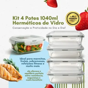 Kit 4 Potes Vidro 1040ml Hermético Marmita Forno Refratário - Imagem 3
