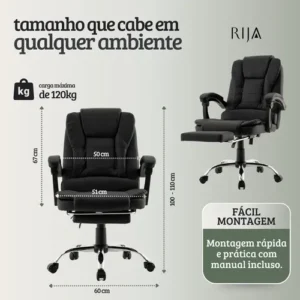 Cadeira De Escritorio Presidente Rija Ajustável Preto Couro Sintético - Imagem 8